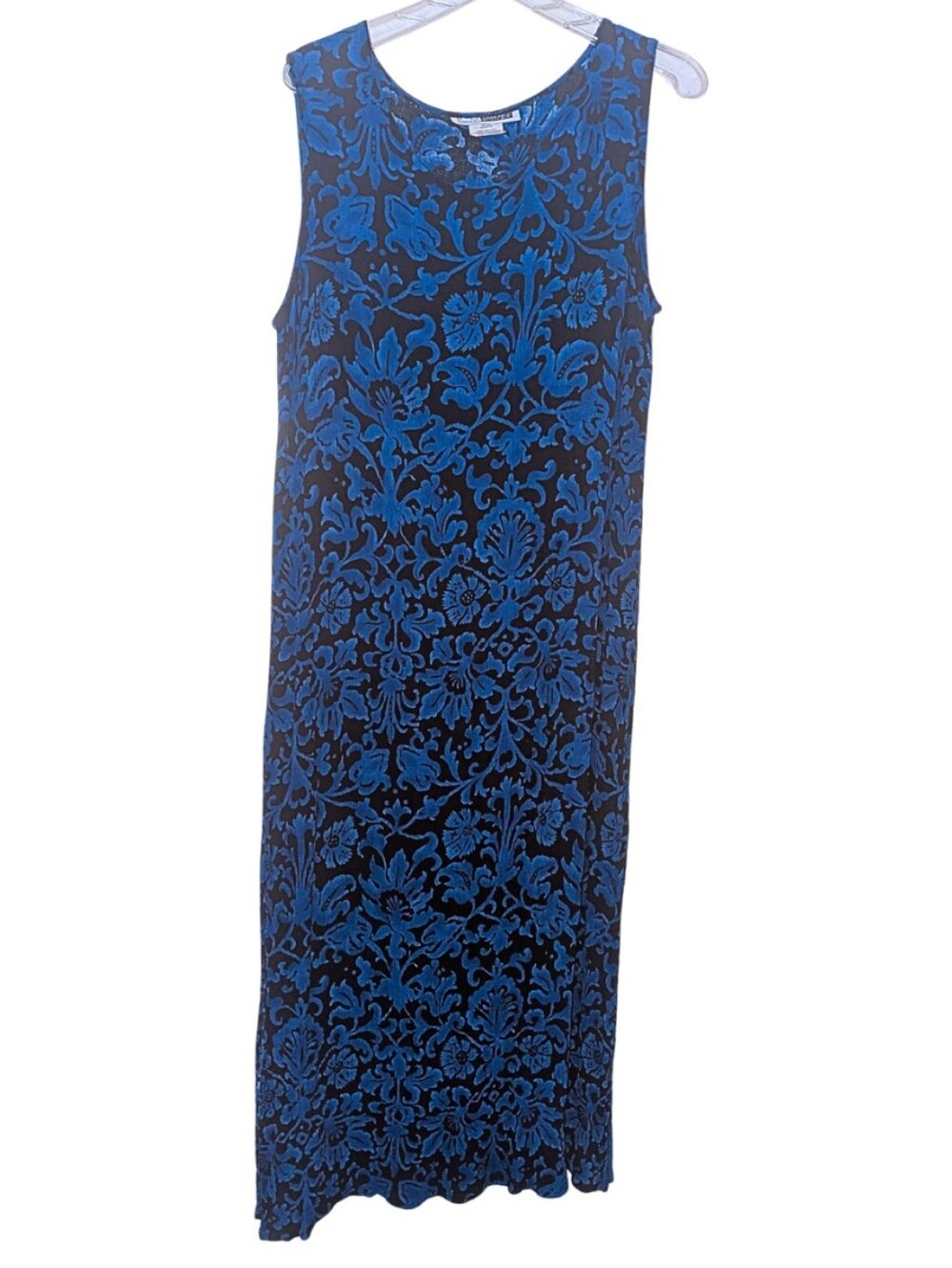 Vintage 1990s Sleeveless Blue and Black Floral-Print Maxi Dress